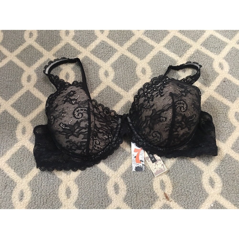 Soma Pamela Chantilly Lace Underwire Bra Black Nude 38B Demi NEW